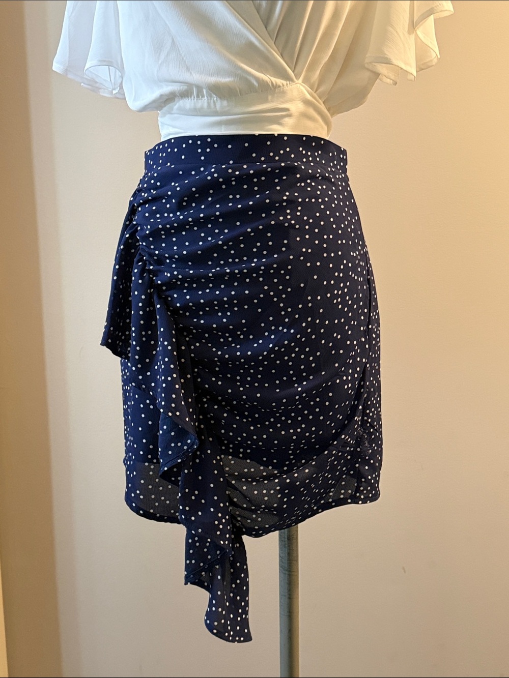 Lea & Viola Navy Polka Dot Ruffle faux Wrap Skirt